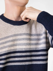 Navy Blue & Beige Contrasting Striped Crew Neck Jumper