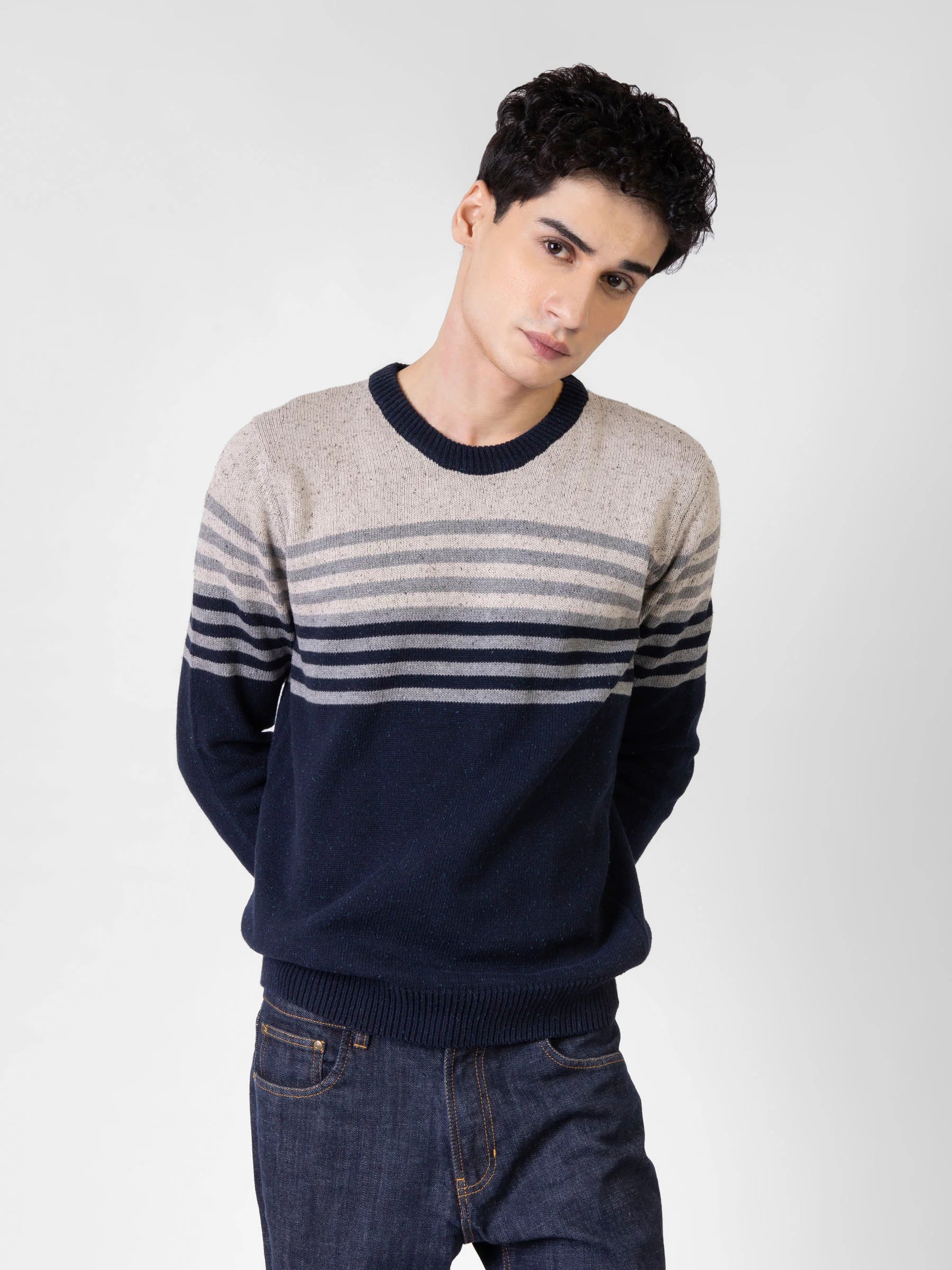 Navy Blue & Beige Contrasting Striped Crew Neck Jumper